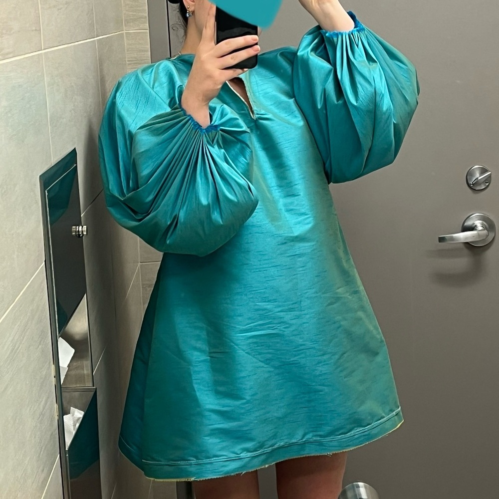 Handmade Teal Tunic Dress with Toile Hem